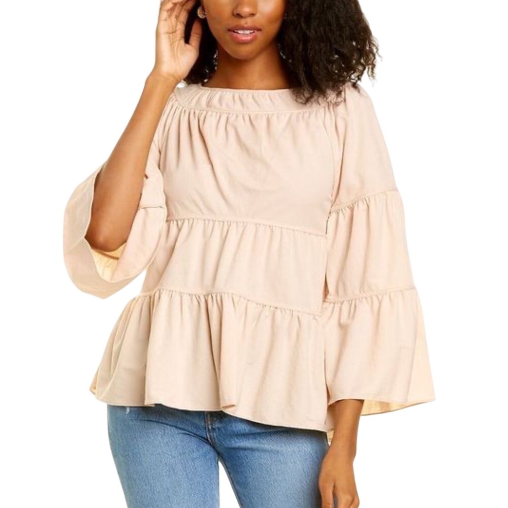 Rebecca Taylor Pique Top Small Blush Pink Boho Peasant Tiered Bell Sleeve